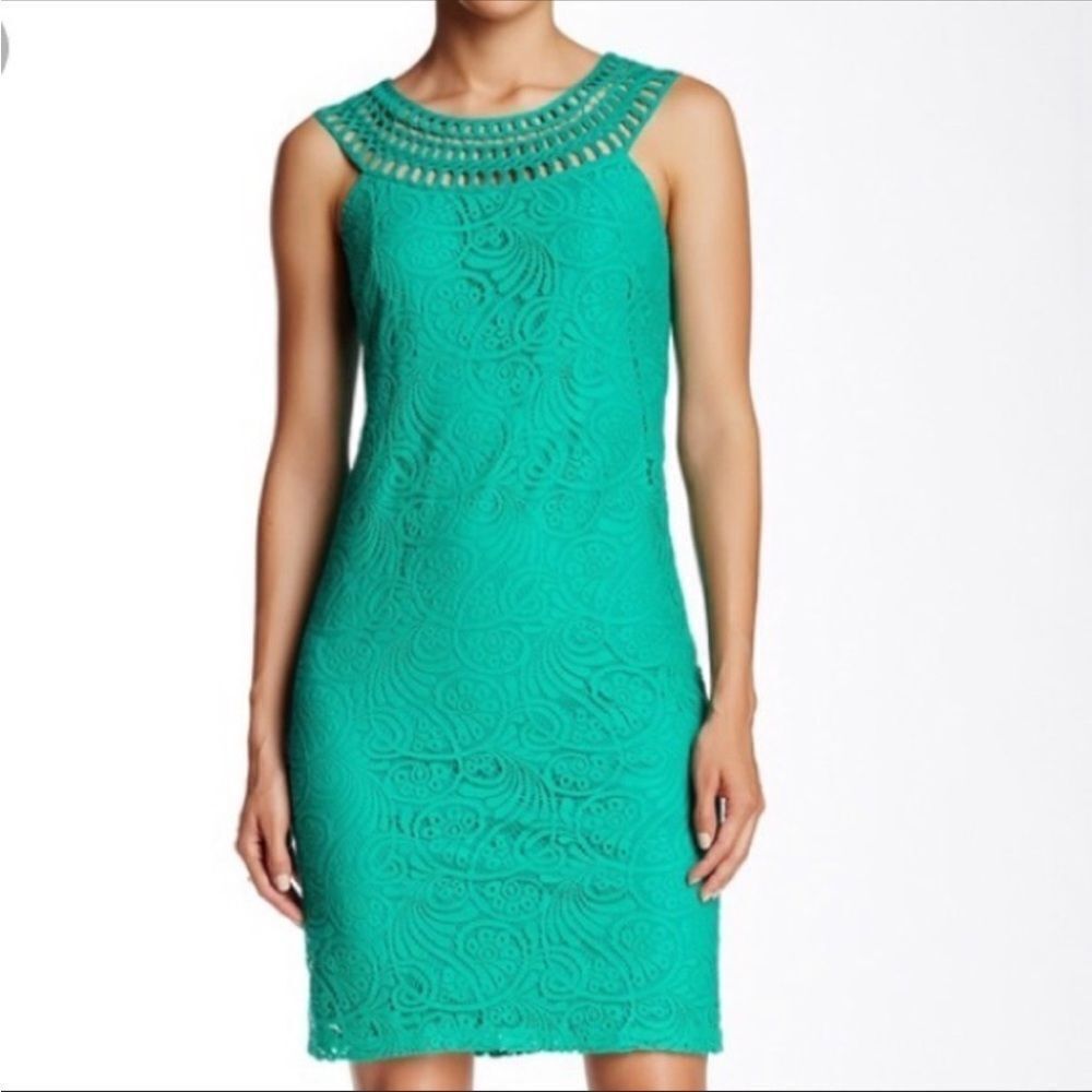 Eliza J Teal Green Crochet High Neck Lace Overlay Shift Dress